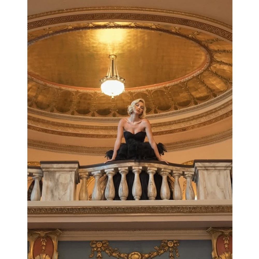 Mac Duggal Black Strapless Tulle Gown with Feather Detail - Picture 7 of 16